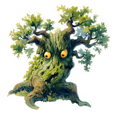 Obraz premium Ancient Oak Guardian: A whimsical, gnarled oak tree with glowing eyes, guarding the secrets of the forest with a mischievous grin. 