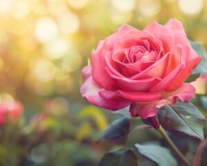 Beautiful Pink Rose in Sunlit Garden - Delicate Flower with Soft Bokeh Background