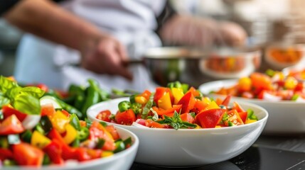 Hands on of cooking low sodium nutritious dishes for seniors participating in a community cooking workshop  The focus is on preparing fresh