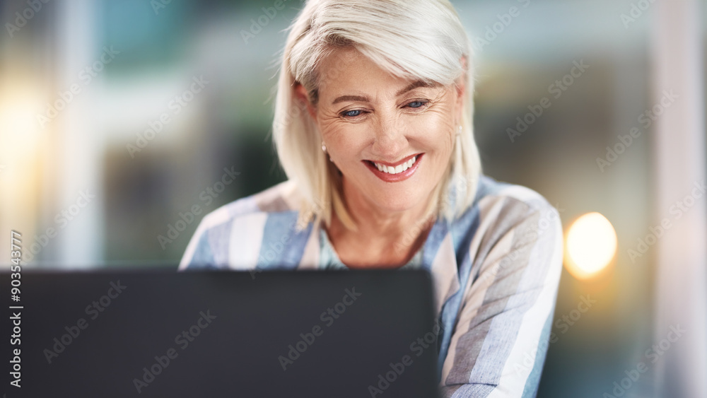 Poster Smile, reading and mature woman in night, office and happy with feedback of project, deadline or journalist. Laptop, employee and editor for article in newsroom, online or overtime of typing of story