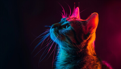 Close-up of a tabby cat with striking neon lighting in blue and orange, highlighting its curious expression.