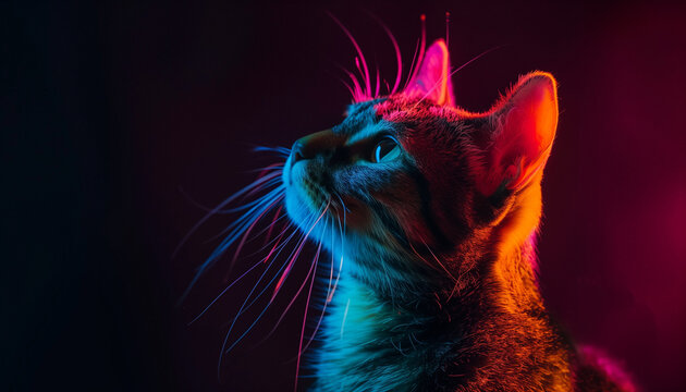 Close-up of a tabby cat with striking neon lighting in blue and orange, highlighting its curious expression.