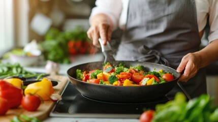 Elderly person using easy cook appliance to prepare a healthy fresh meal in the kitchen  Hands on cooking with various fresh vegetables