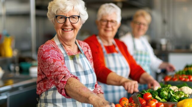 Seniors Sharing Cooking Tips and Meal Advice in Cheerful Hands on Classroom Setting  Active Elderly Group Learning Together in Community Kitchen