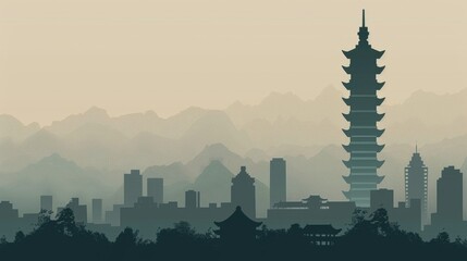 Obraz premium Chinese minimalism illustration, silhouette of a skyscraper, flat illustration Chinese illustration on cool gray background, urban setting, empty copy space 