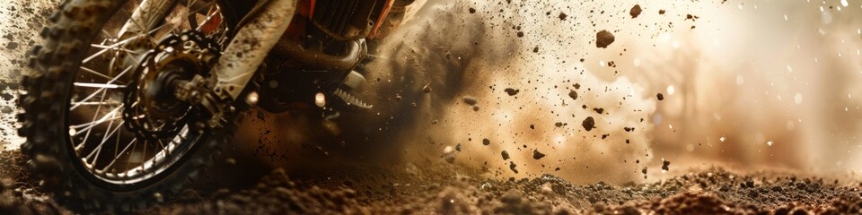 Obraz premium Dynamic Close-up of Off-road Vehicle Tire Spinning Rapidly, Kicking Up Dust and Debris in Intense Action Shot. Perfect for Adventure Sports Advertising, Automotive Marketing, 4K Wallpapers, and High-