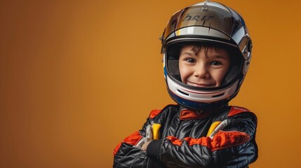 Portrait photography of a cute little Racing car driver professional happy smiling arm crossing, studio shot isolated on single color background ,editorial style, shoot by DSLR.