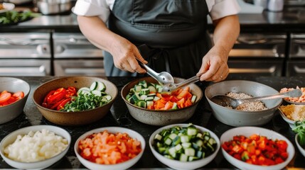 Elderly chef carefully chopping and slicing an assortment of fresh colorful vegetables to prepare a homemade nutritious vegetable soup on the kitchen counter