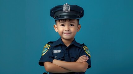 Portrait photography of a cute little Police Officer professional happy smiling arm crossing, studio shot isolated on single color background ,editorial style, shoot by DSLR.