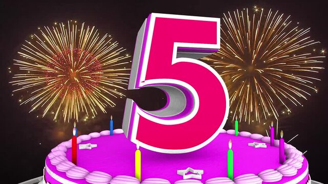 5 years, 5th birthday kids, children cake animation 3d render with confetti and balloon background. 4k