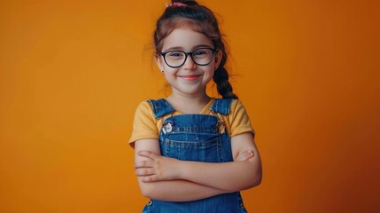 Portrait photography of a cute little Graphic Designer professional happy smiling arm crossing, studio shot isolated on single color background ,editorial style, shoot by DSLR.