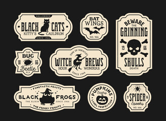 Halloween potion bottle labels for witch elixir and horror night holiday drinks, vector vintage paper tags. Halloween trick or treat party potion labels with skull crossbones, pumpkin and witch frog