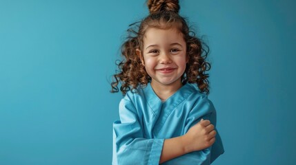 Portrait photography of a cute little Occupational Therapist professional happy smiling arm crossing, studio shot isolated on single color background ,editorial style, shoot by DSL