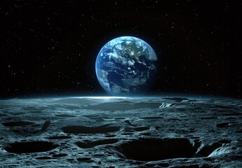 Earthrise Over a Cratered Lunar Landscape