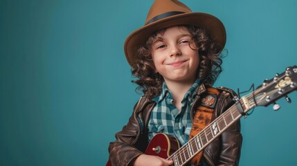 Portrait photography of a cute little Rocker Musician professional happy smiling arm crossing, studio shot isolated on single color background ,editorial style, shoot by DSLR.