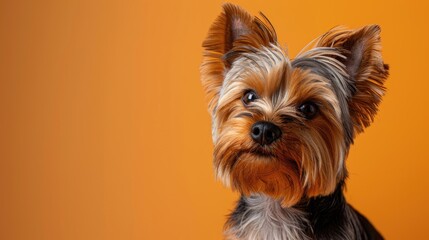 Fototapeta premium Yorkshire Terrier Dog Portrait Against Orange Background