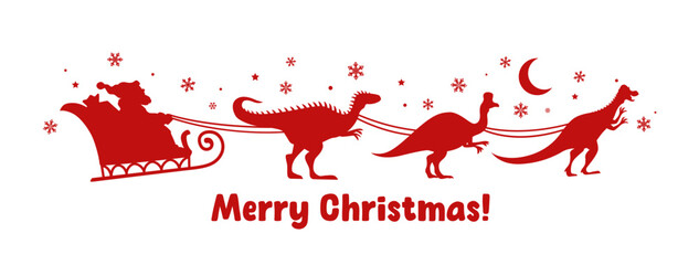 Santa sleigh with dinosaurs silhouette, Merry Christmas vector greeting card. Corythosaurus, pachycephalosaurus and alectrosaurus dinosaur animals pulling sleigh with Santa Claus and Christmas gifts © Vector Tradition