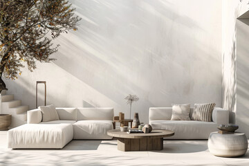Minimalist Living Room with White Sofa, Wooden Coffee Table, and Natural Light