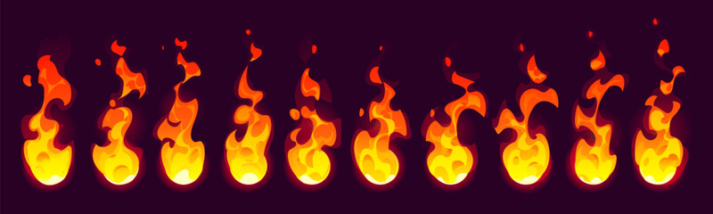 Fire flame sprite sheet, fx game effect. Cartoon vector burning fire stages animation. Campfire or torch blaze sequence frame, orange and yellow glowing bonfire shining flare sprite sheet motion © Vector Tradition