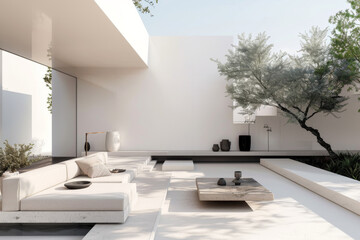 Minimalist Patio with White Couch and Tree
