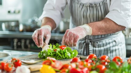 Senior experienced chef demonstrating essential cooking safety tips and techniques in a professional kitchen setting with deep depth of field blurring the background
