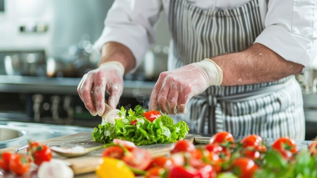 Senior experienced chef demonstrating essential cooking safety tips and techniques in a professional kitchen setting with deep depth of field blurring the background