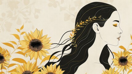 Chinese minimalism illustration, silhouette portrait of a woman with wavy hair styled in beachy waves and adorned with a braided crown, flat illustration Chinese figure illustration on light gray 