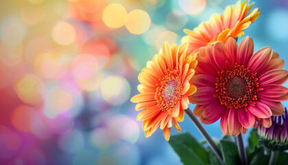 Vibrant orange and pink gerbera daisies with a colorful bokeh background, creating a cheerful and lively atmosphere.