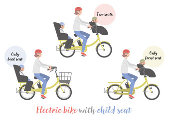 電動自転車に乗る女性と子供のセット（後ろ乗せ、前乗せ、前後乗せ）