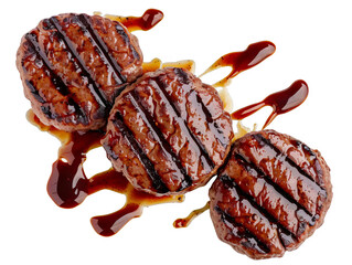 Delicious grilled hamburger patty drizzled with savory sauce, perfect for BBQ or gourmet dishes.