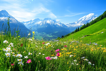 Fototapeta premium Majestic Alpine mountains and blooming meadows. Vibrant spring flowers and clear blue sky.