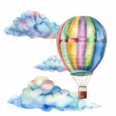 Fototapeta premium Watercolor painting of a group of hot air balloons floating above a desert landscape, on isolated white background, Generative AI