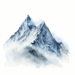 Obraz premium Watercolor painting of a mountain peak seen from a valley below, surrounded by mist, on isolated white background, Generative AI