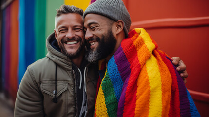 Obraz premium Romantic queer couple bonding against a rainbow flag, photography.