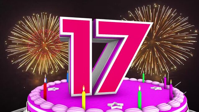 17 years, 17th birthday kids, children cake animation 3d render with confetti and balloon background. 4k