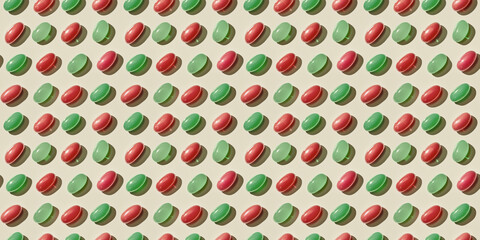 A pattern of complementary mint candies arranged in an orderly fashion on the soft white background, with shadows cast sunlight