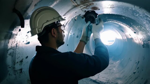 engineering worker inspection scan tank of rust thickness bottom plate in to confined