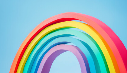 Colorful rainbow arch against a clear blue sky, showcasing vibrant hues of red, orange, yellow, green, blue, and purple in an artistic arrangement.