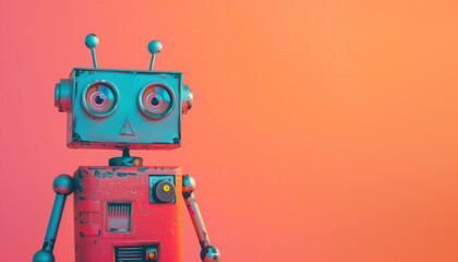 Fototapeta premium A colorful vintage toy robot with a blue and red body stands against a vibrant orange background.