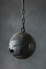 Broken black iron wrecking ball hanging from a chain. Weak point, stress test, breakage, and failure concept