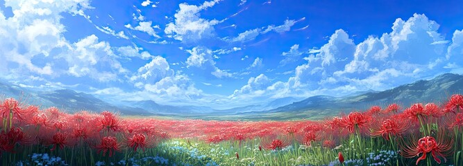 Fantasy Field of Red Spider Lilies with Blue Sky