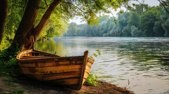 Boat made of wood beside a tree by the river