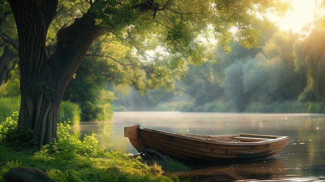 Boat made of wood beside a tree by the river