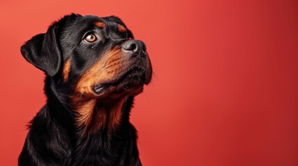 Fototapeta premium Rottweiler Dog Looking Upwards Against a Red Background