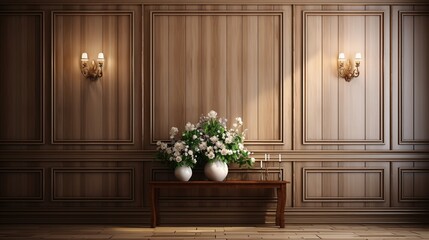 Fototapeta premium Elegant Interior Design with Wooden Paneling and Floral Arrangement