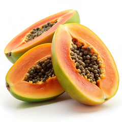 Sliced papayas showcase their vibrant orange flesh and black seeds against a clean backdrop, highlighting the fruit's tropical essence and fresh, natural appeal, ideal for healthy diets.