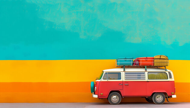A retro red and white van with colorful luggage on its roof against a vibrant orange and teal wall.