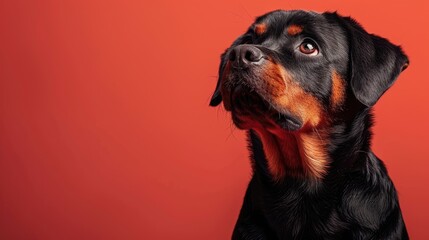 Close-up Portrait of a Black and Tan Rottweiler Puppy with a Red Background