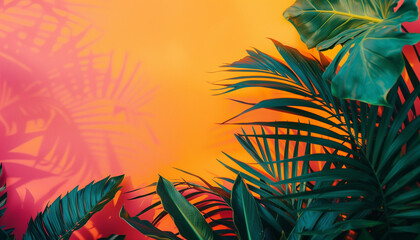 Vibrant tropical leaves against a vivid orange and pink background create a lively and exotic mood.