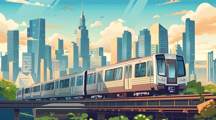 Commuter Train Moving Through Bustling Urban Landscape with Towering Skyscrapers